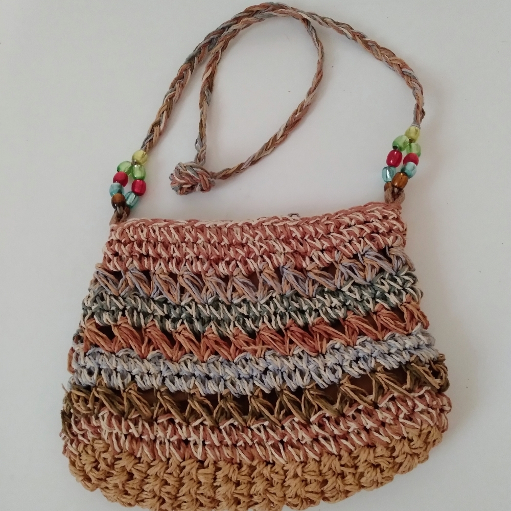 Sun & Sand Crochet Straw Bead Tan Cross Body Bag